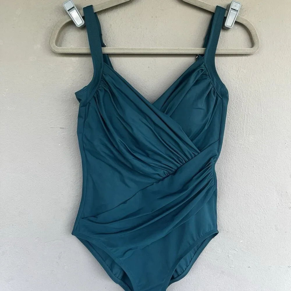 Miraclesuit One Piece Swimsuit 10 Teal Crossover Tummy Control Slimming Beach